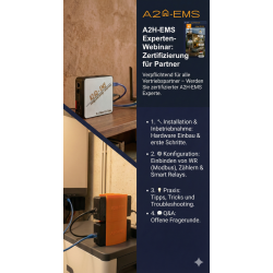 Links oben A2H-EMS Server im Wohnraum, links unten stapelbare Gateways im Keller. Rechts Agenda auf dunkelm Hintergrund.