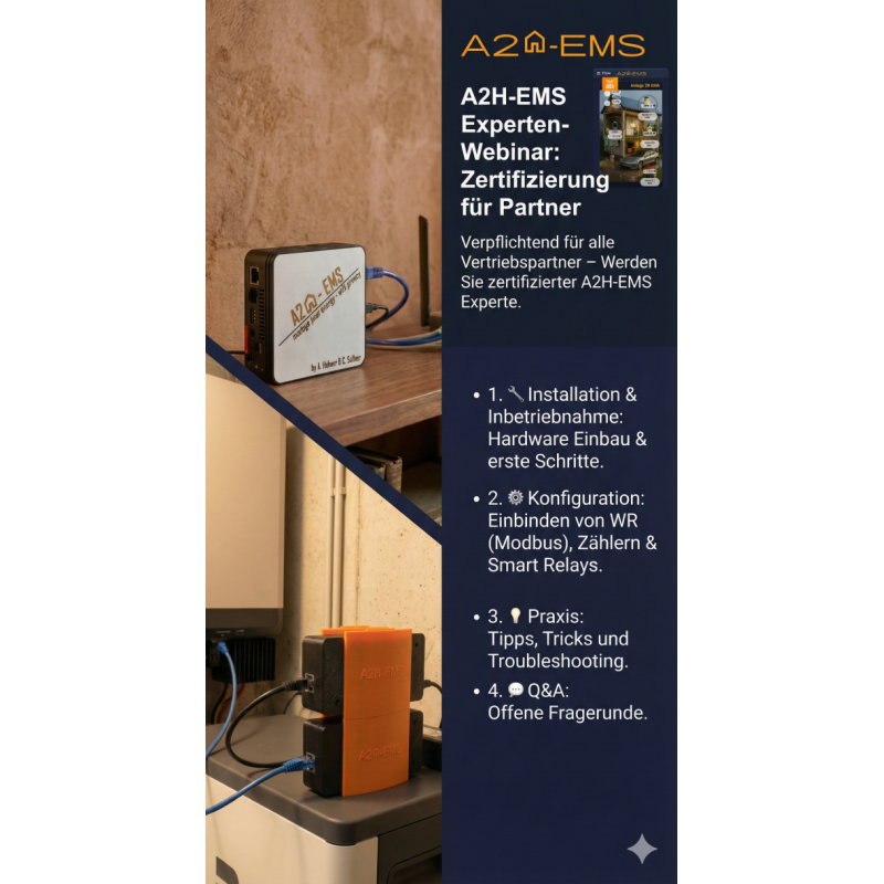 Links oben A2H-EMS Server im Wohnraum, links unten stapelbare Gateways im Keller. Rechts Agenda auf dunkelm Hintergrund.