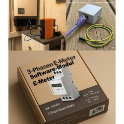 A2H-EMS E-Meter Komplett-Set: Zeigt Modbus Gateway, RJ45 Adapter und Verpackung des Software-Moduls für Energiezähler.